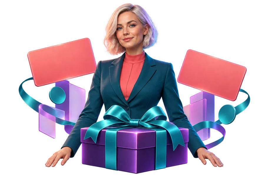 Presenter with a violet gift and blank bonus cards