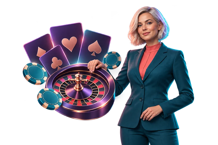 Presenter beside a roulette wheel, playing cards and teal chips