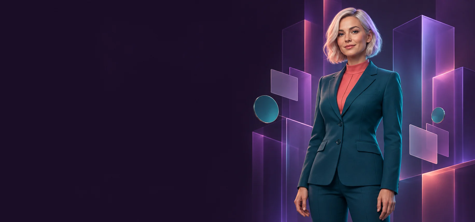 Betti presenter in a teal suit against violet geometric shapes