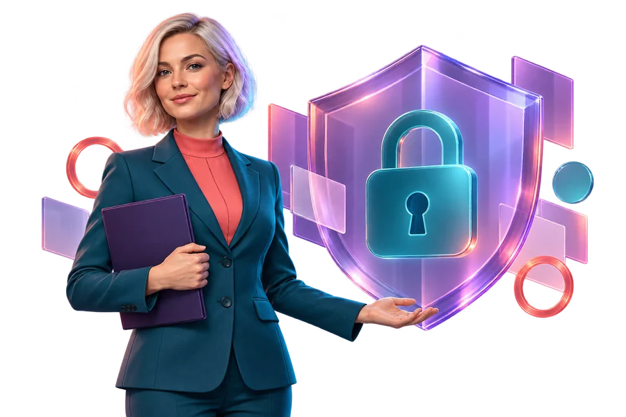 Presenter beside a translucent shield and lock