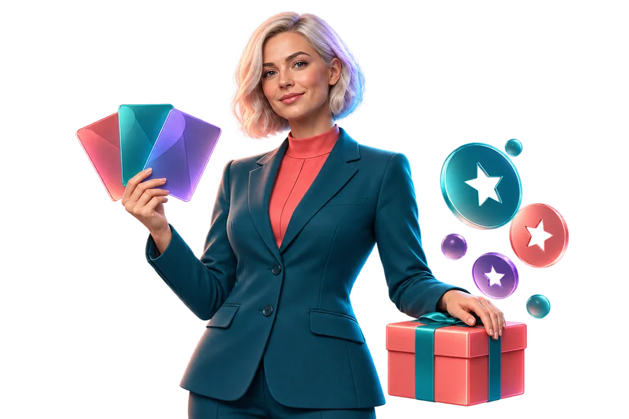 Presenter with loyalty cards, a gift and star tokens