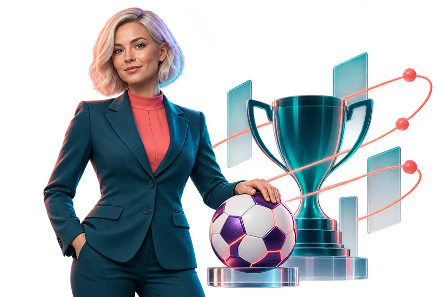 Presenter with a football and a teal trophy